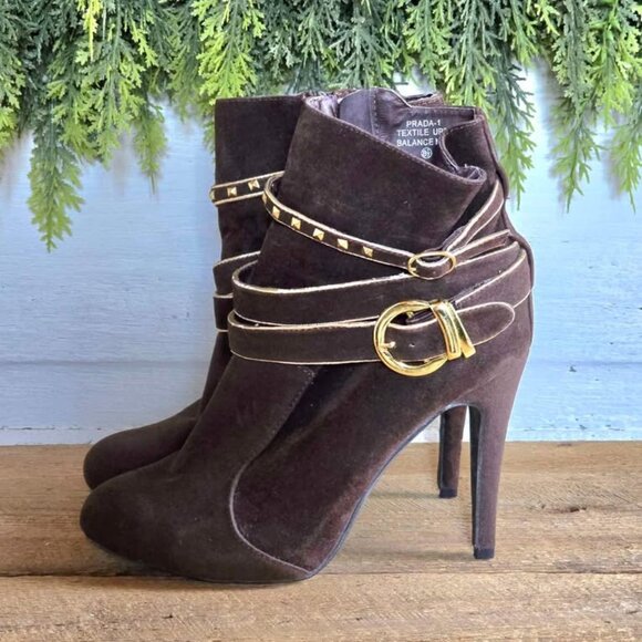 Size 8.5 De Blossom Collection Brown Gold Buckle Ankle Booties High Heels Shoes - Picture 1 of 16